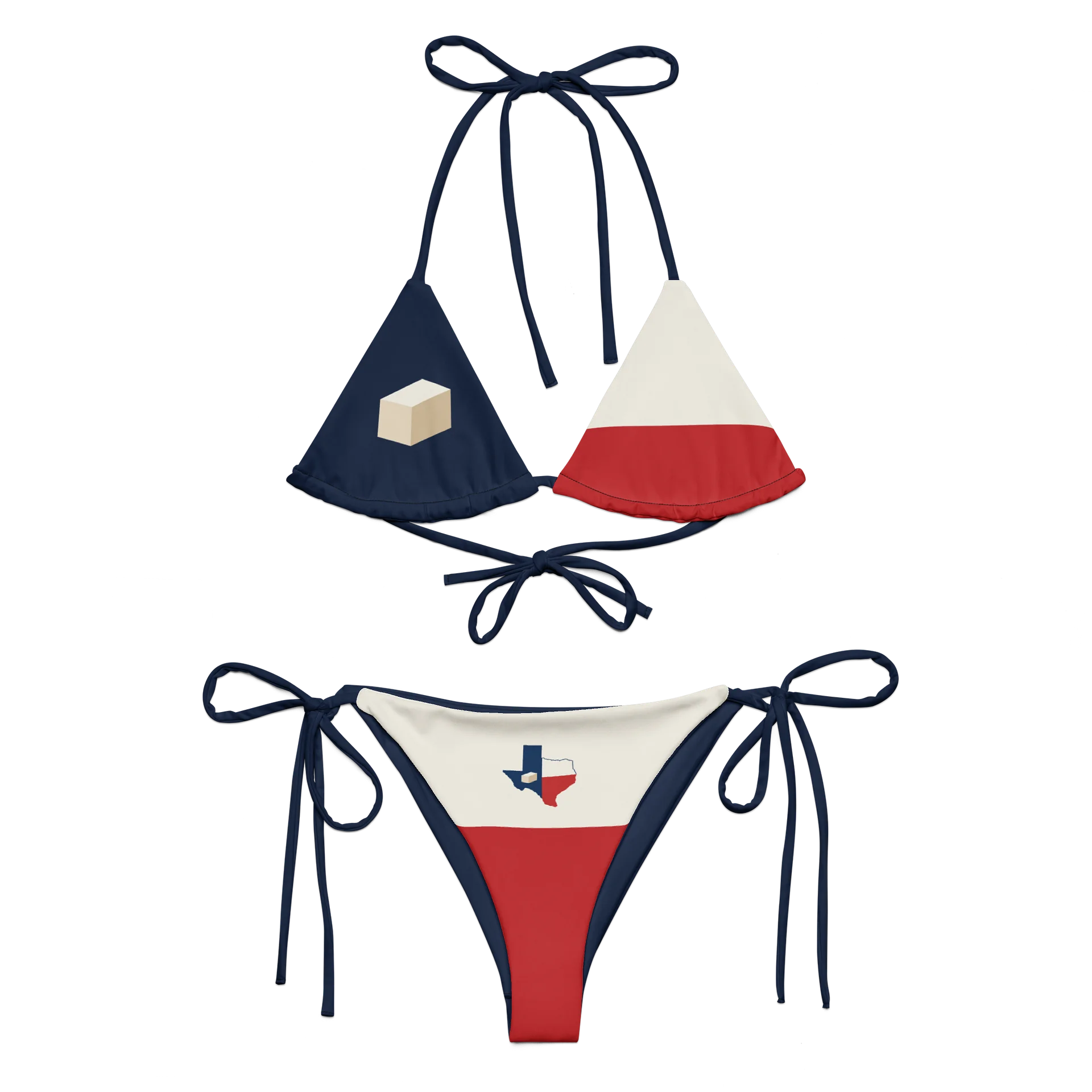 Texas-inspired red, ivory and navy bikini with a tofu block in place of the star