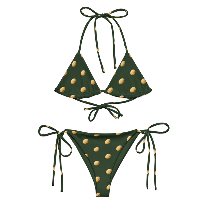 Deep-green string bikini with small golden soybean prints